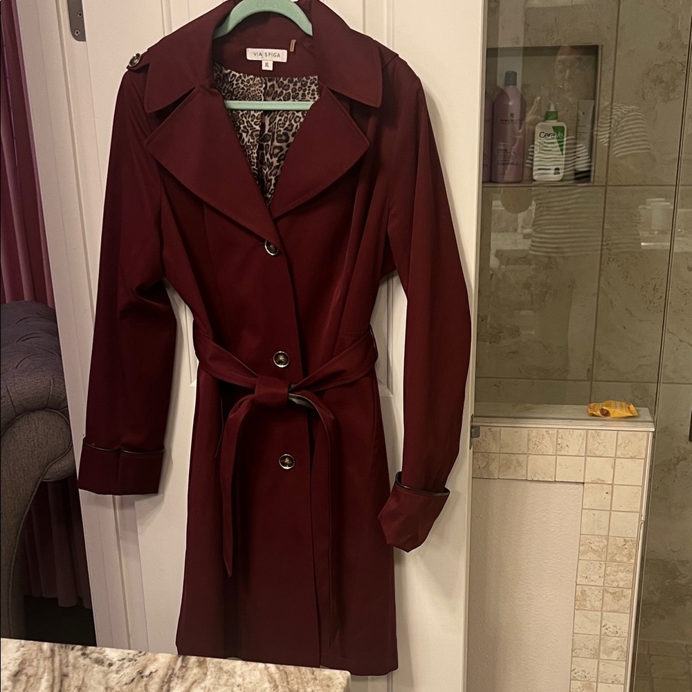 Via Spiga Burgundy Trench Coat with Leopard Lining
